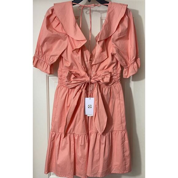 WAYF Mini Dress Womens Size Medium Peach Ruffle Neck Tiered Button Tie MSRP $158 - Picture 5 of 15
